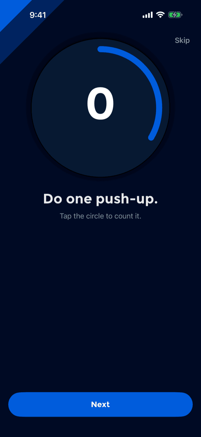 The first screen of PushFit: a large counter circle reading zero, under the words Do one push-up